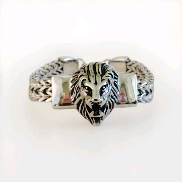Braided Silver Stainless Steel Lion Head Statement Piece Unisex Bracelet - Picture 1 of 14